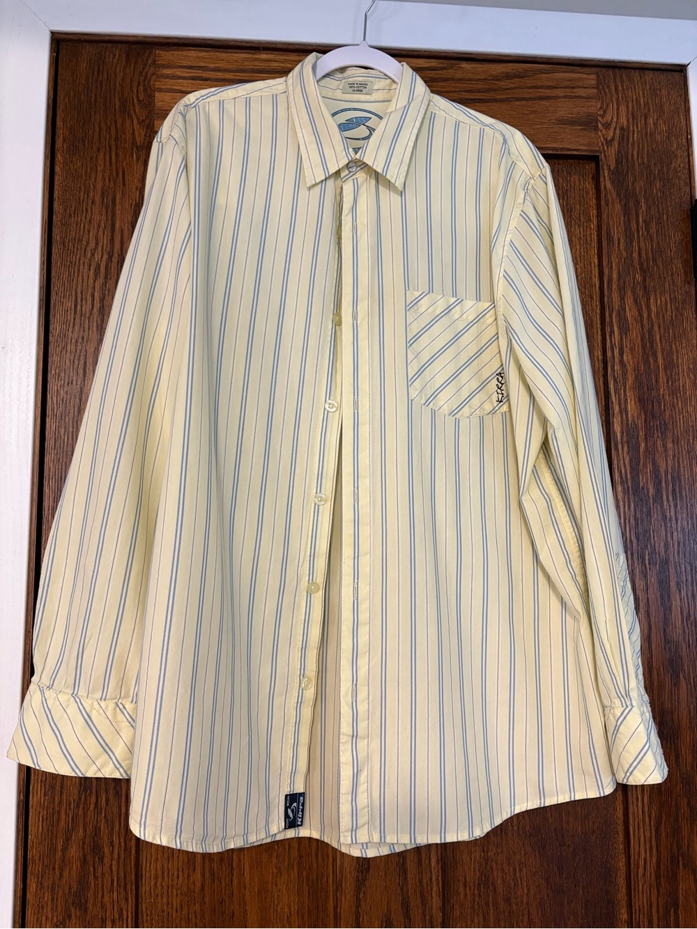 Kirra Pale Yellow Striped Men's Dress Shirt with Blue Stripes